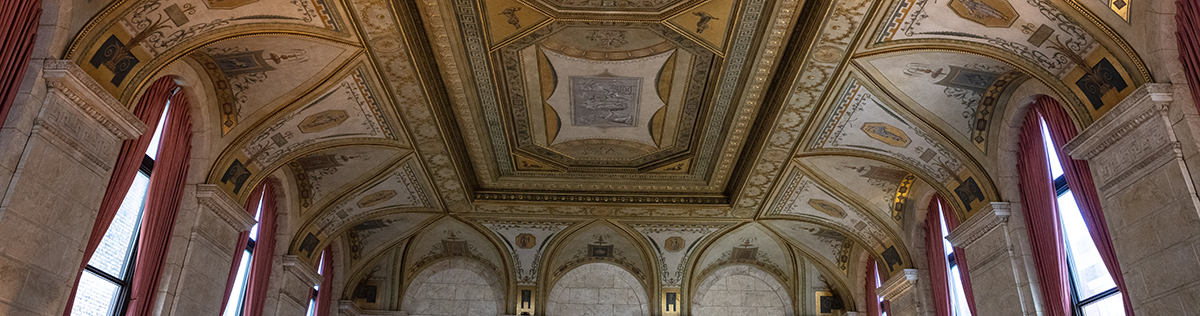 An image of the ornate ceiling of the York Water Company head office.