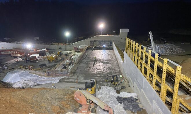 Night construction work at the Lake Williams Dam.