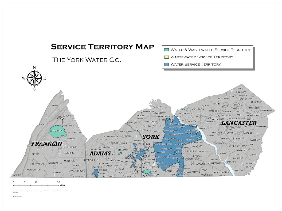 A map of York Water Company's service territory. It includes portions of Franklin, Adams, York, and Lancaster Counties. Both water and wastewater service territories are shown.