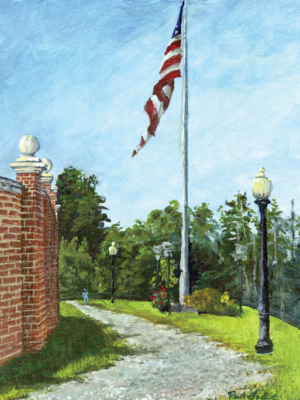 A painting of a path. on the left is a tall brick wall. On the right is a lamppost. Straight ahead is an American flag. There are trees in the background.