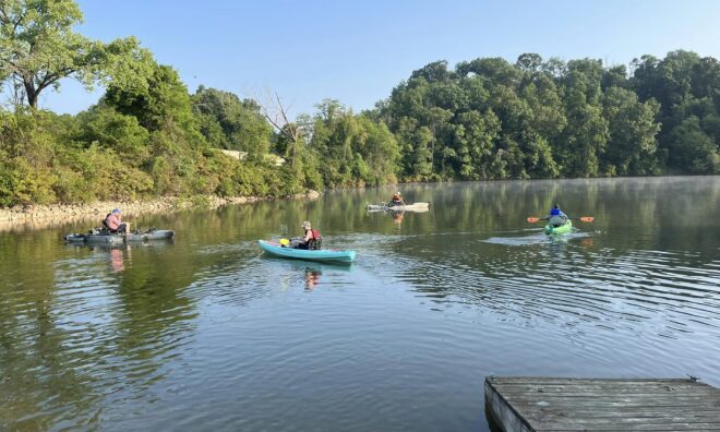 Four people kayaking on the lake.
