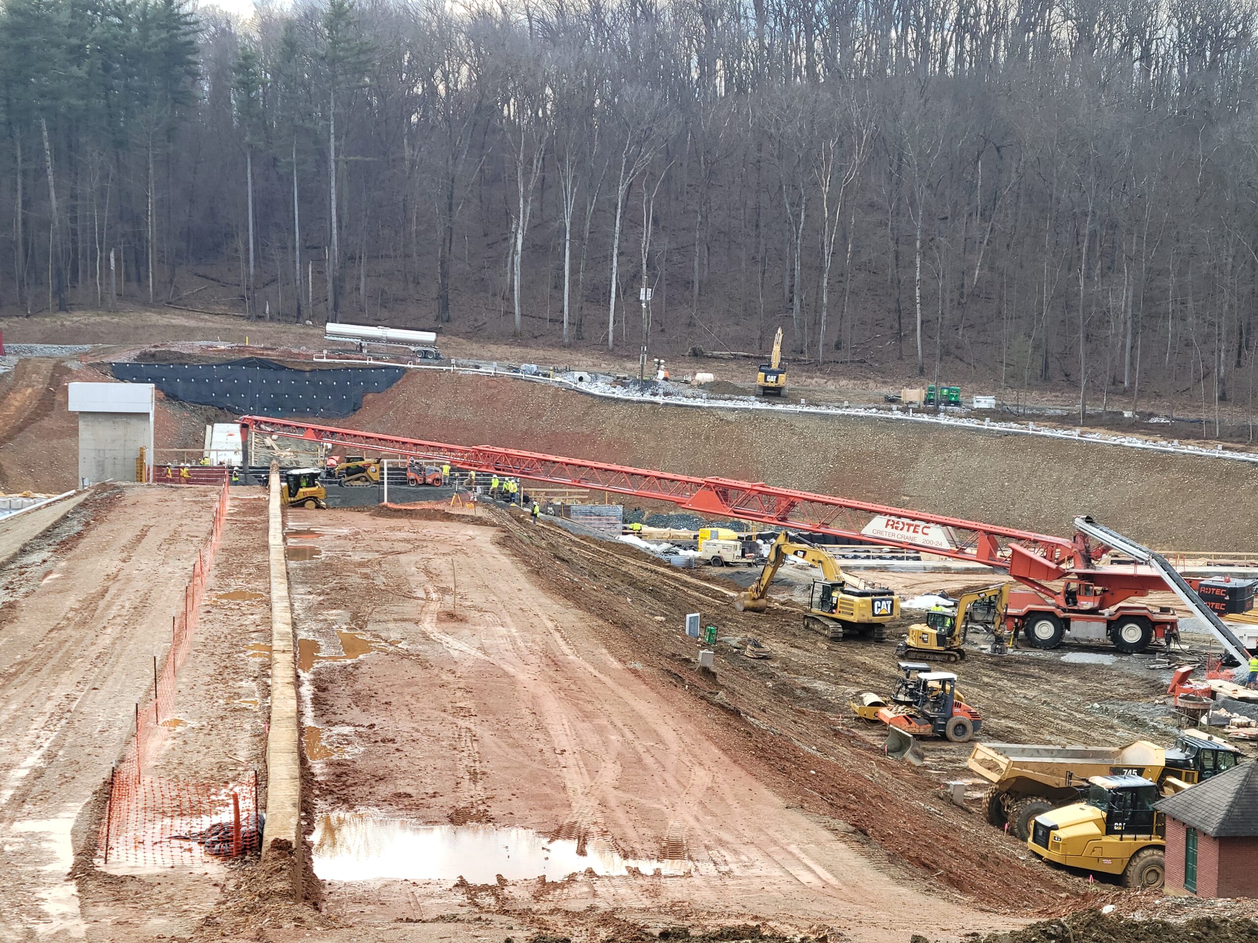 Roller compacted concrete being placed.