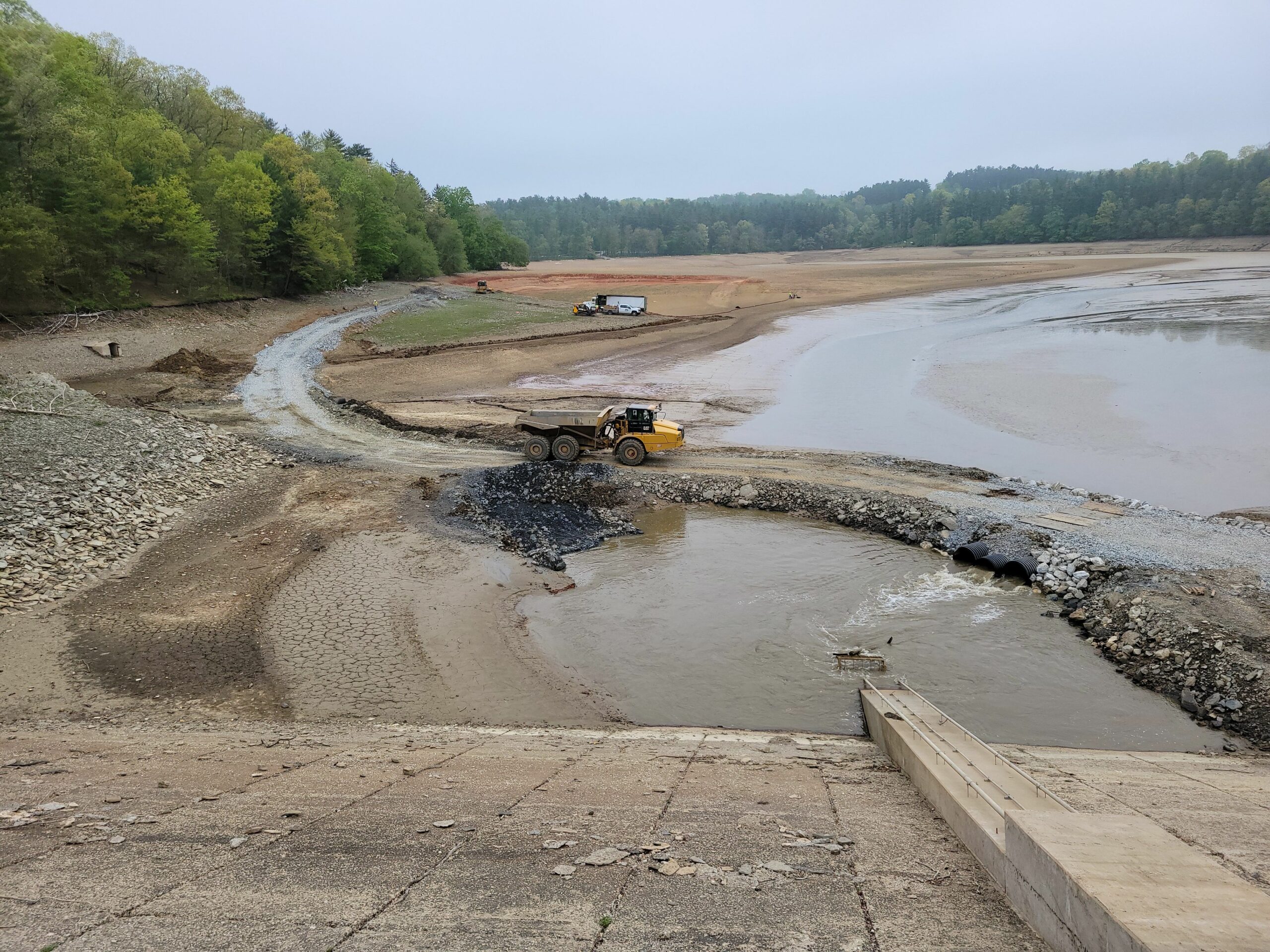A haul route from Water Street and the spillway area to the spoils area within the reservoir has been completed.