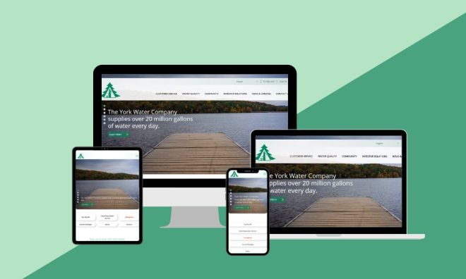 Preview of the homepage of the York Water website on a tablet, computer, mobile phone, and laptop.