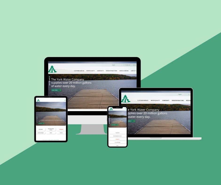Preview of the homepage of the York Water website on a tablet, computer, mobile phone, and laptop.