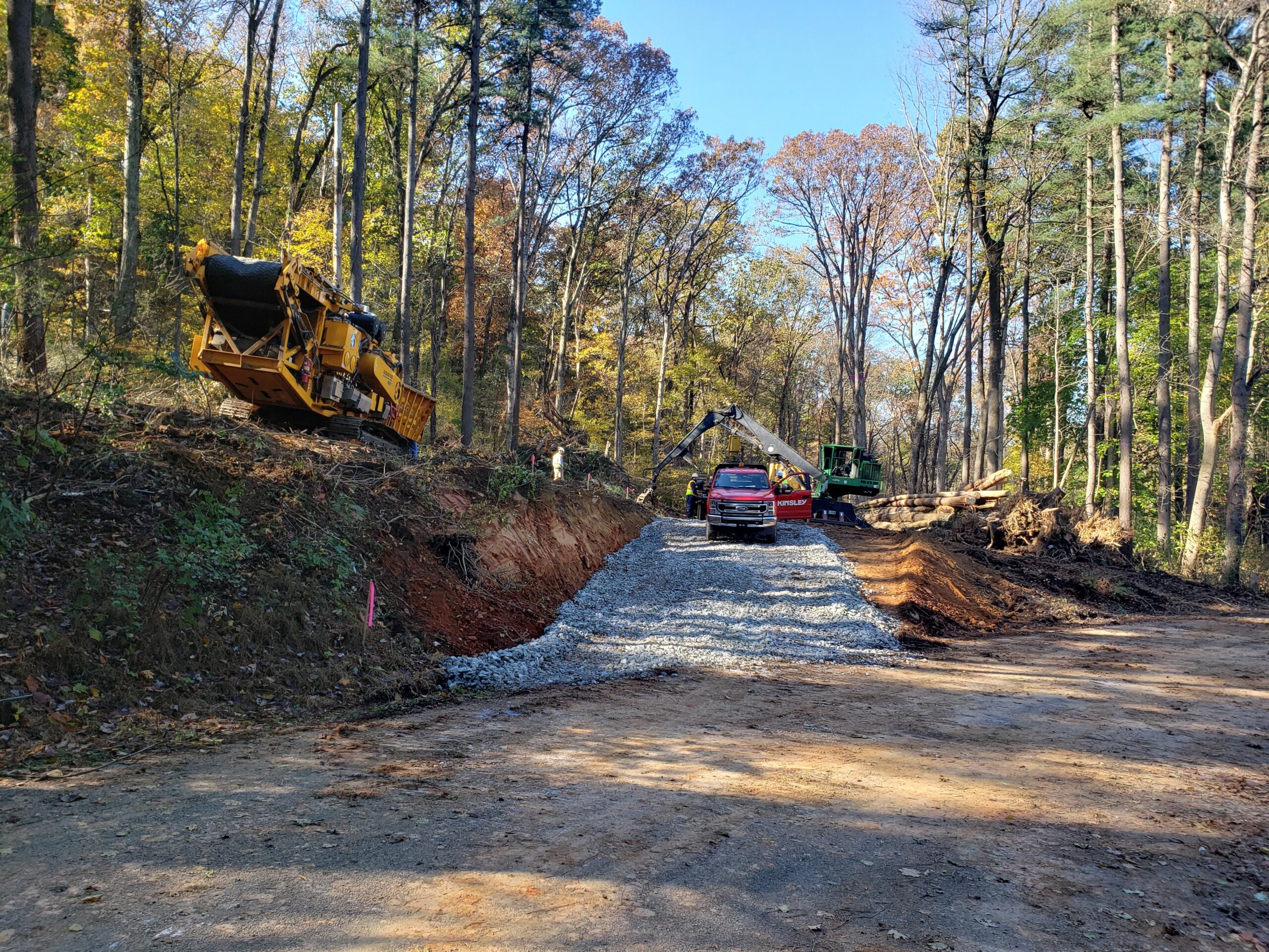 Preliminary site construction activities to install an access road on the south side of the Lake Williams Dam.