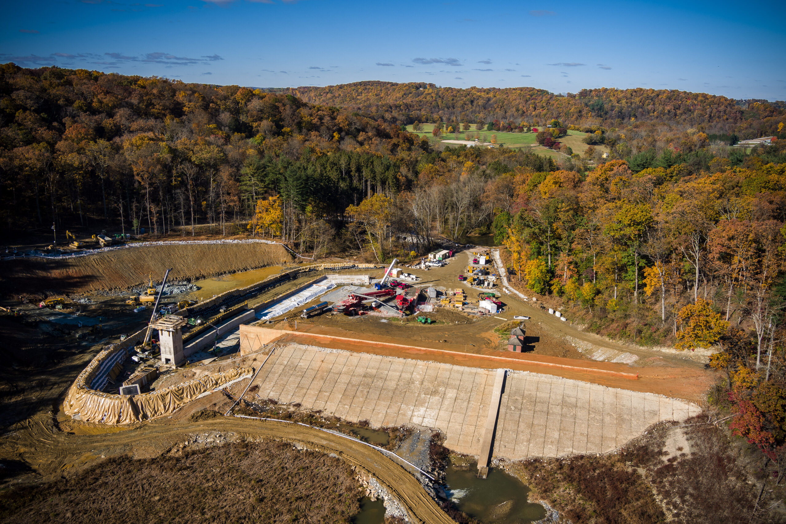 Drone shot of the dam construction site.