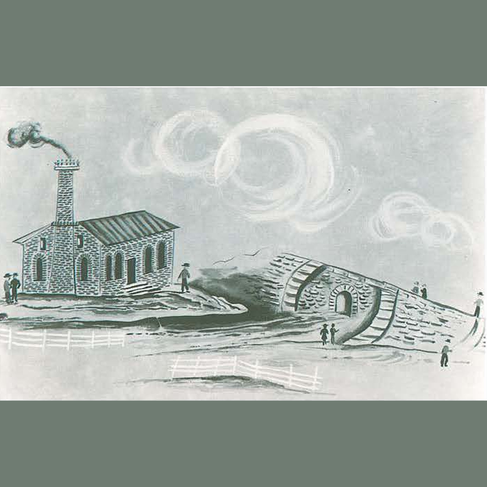 A cartoon from 1849 showing a steam plant and a bridge.