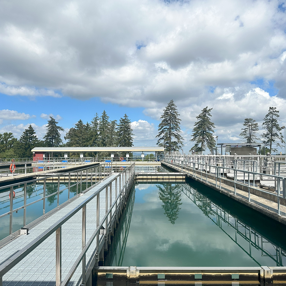 View across the top of the open air water treatment tanks at York Water.