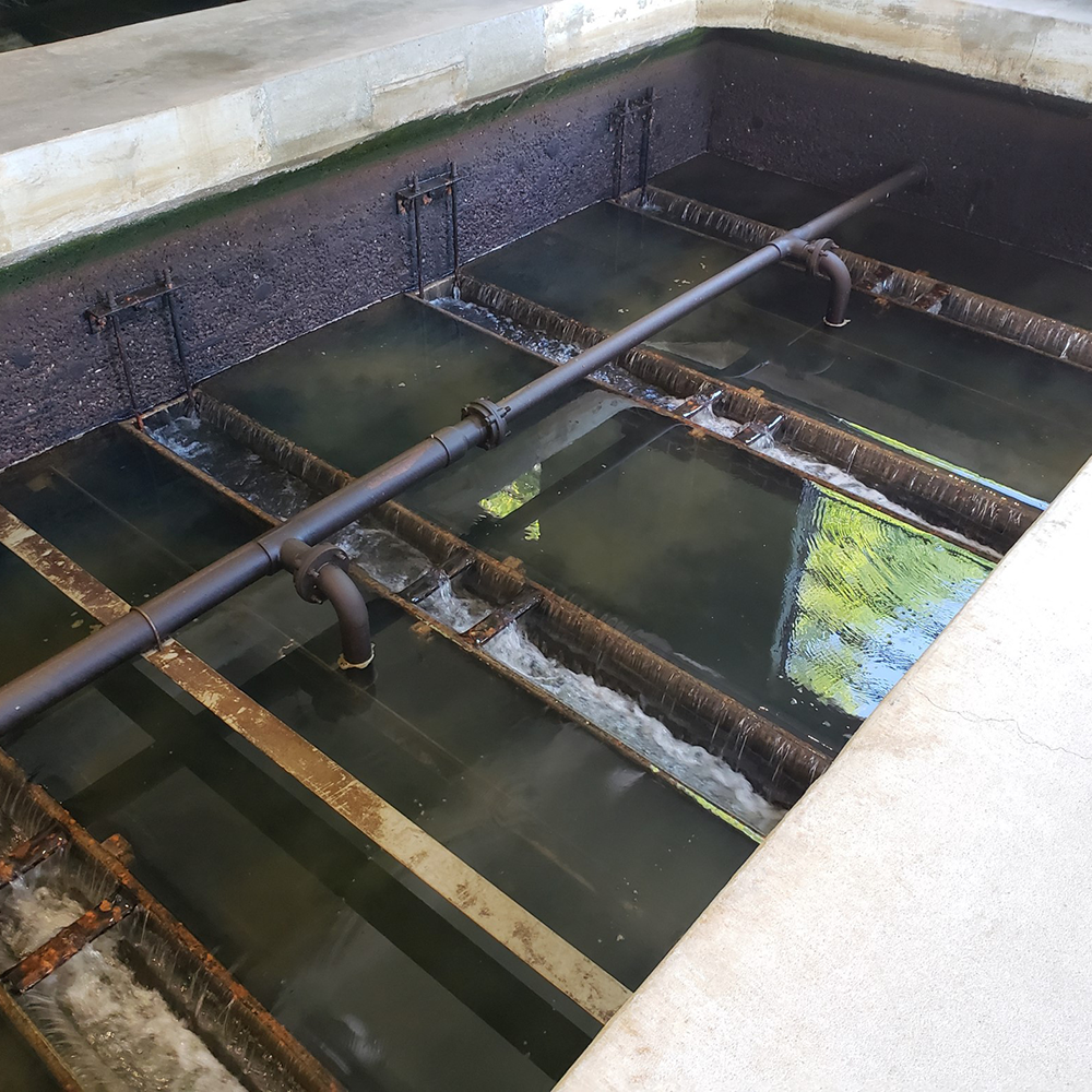 A close up shot of a water treatment tank containing dirty water sifting and a pipe over the top of the water.