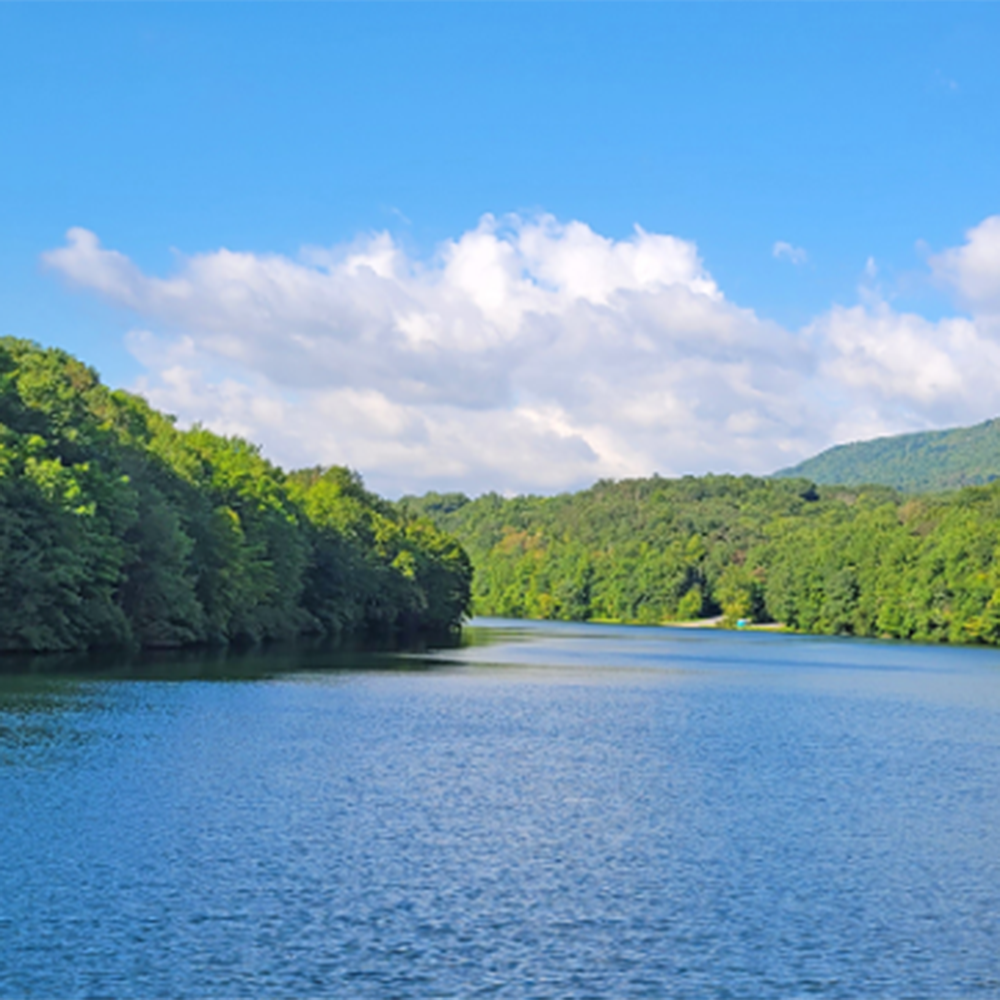 A photograph of the Letterkenny Reservoir on a sunny day. The Reservoir is lined by trees, and a mountain can be seen in the background.