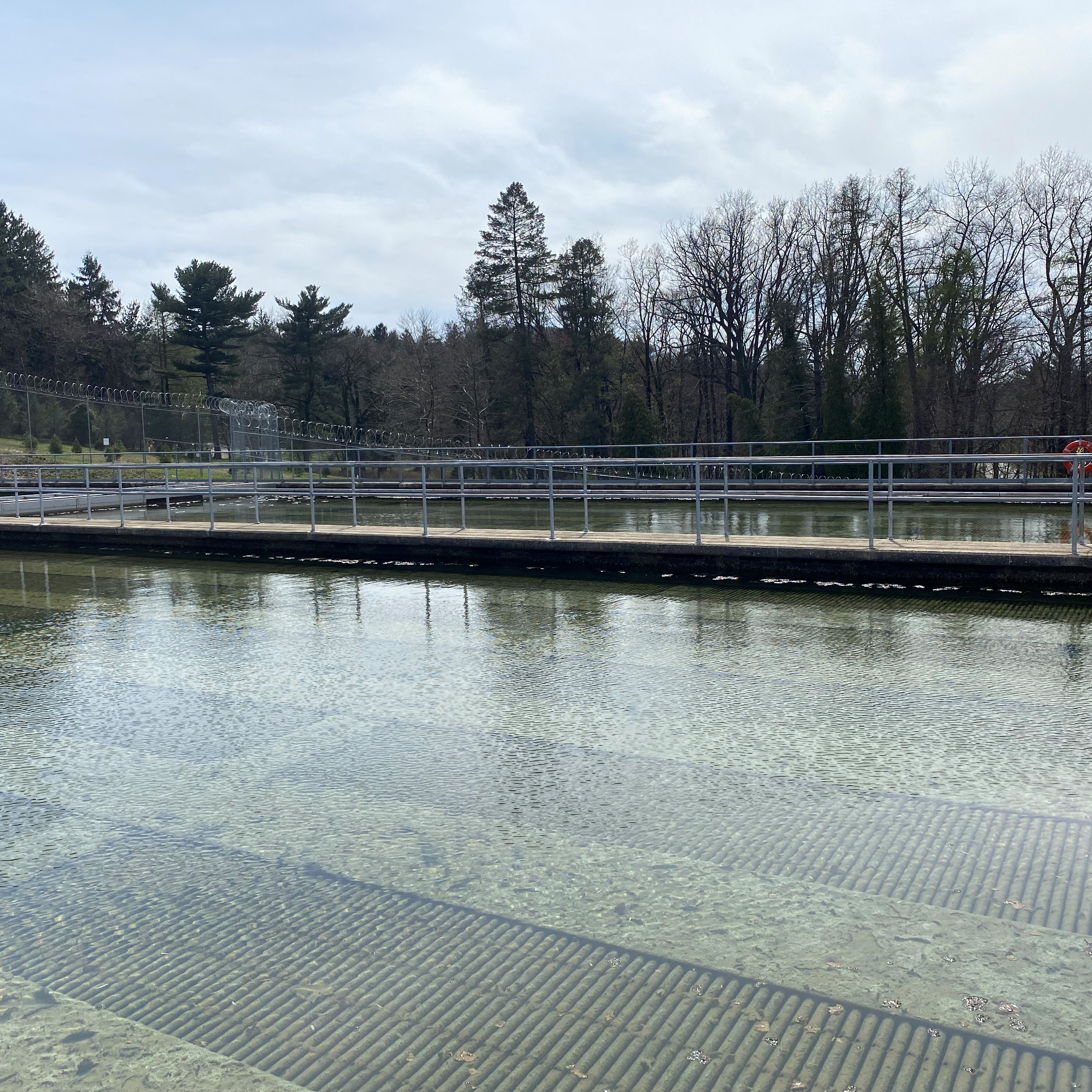 A view across the top of the settling basin. It is a large shallow body of water with a low, narrow concrete bridge across the middle.