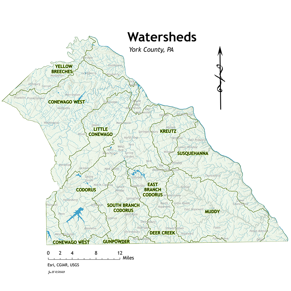 Map that shows water features and outlines of the Watersheds in York County.