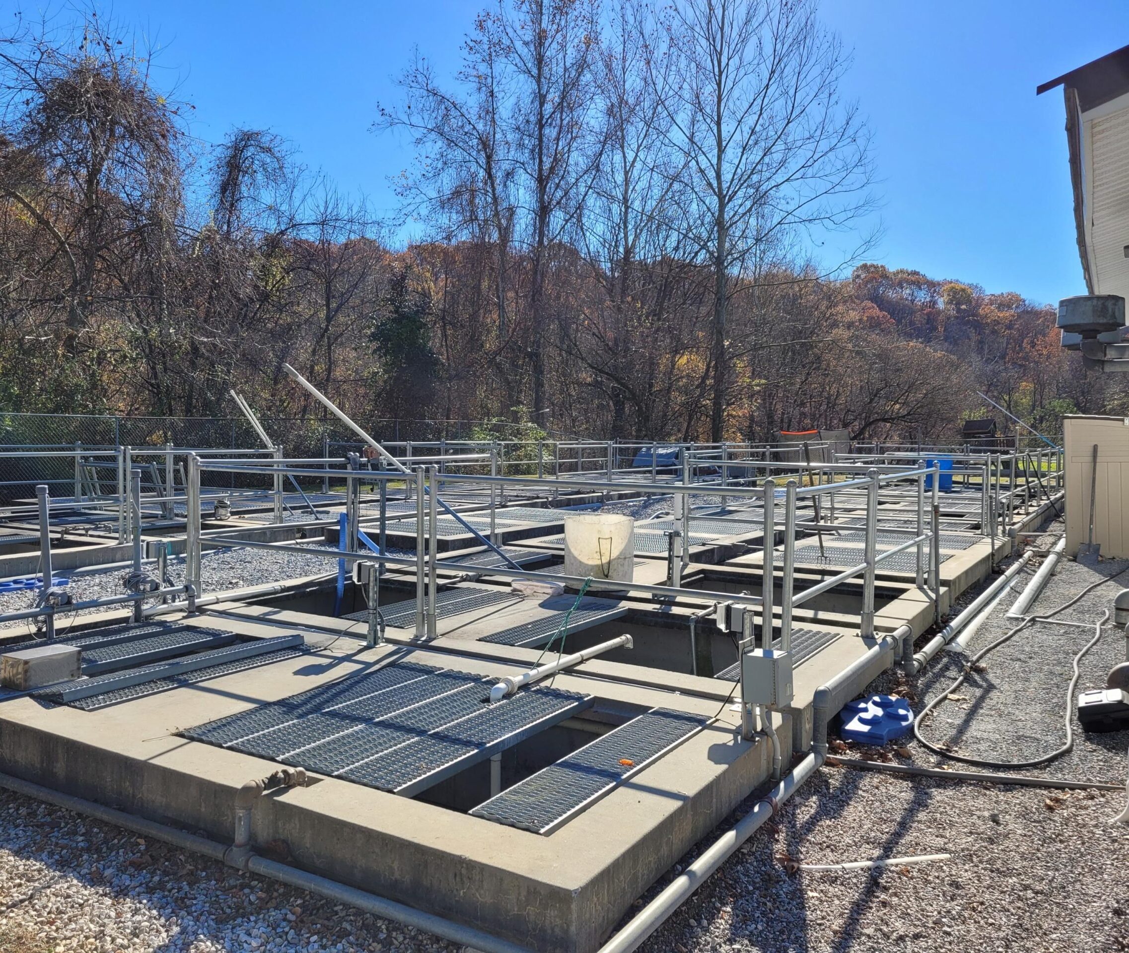 A view across the top of the treatment tanks at Ashbury Station.